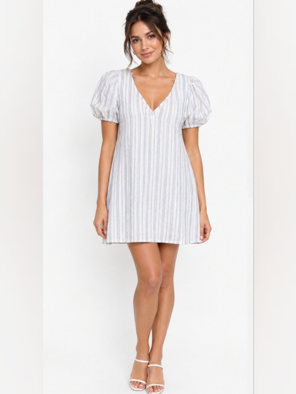 A New Day Striped V-Neck Puff Sleeve Mini Dress. Size XS